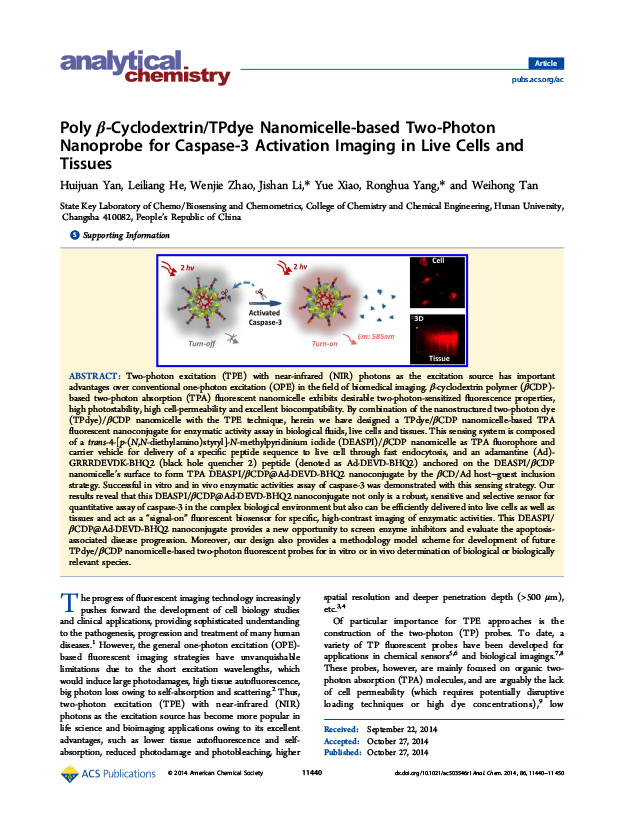 Poly β‑Cyclodextrin/TPdye Nanomicelle-based Two-Photon Nanoprobe for Caspase‑3 Activation Imaging in Live Cells and Tissues
