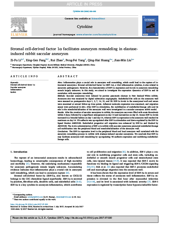 Stromal cell-derived factor 1α facilitates aneurysm remodeling in elastaseinduced rabbit saccular aneurysm