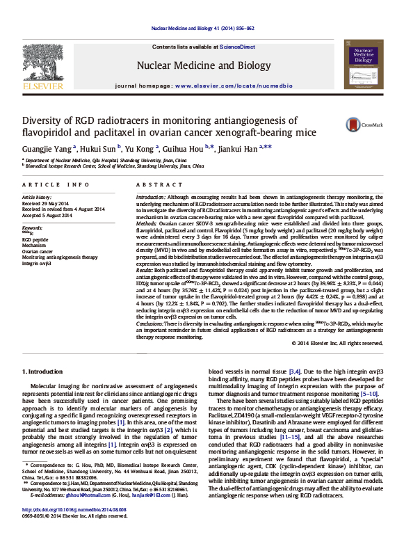Diversity of RGD radiotracers in monitoring antiangiogenesis of flavopiridol and paclitaxel in ovarian cancer xenograft-bearing mice