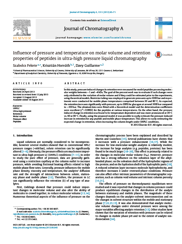 Influence of pressure and temperature on molar volume and retention properties of peptides in ultra-high pressure liquid chromatography